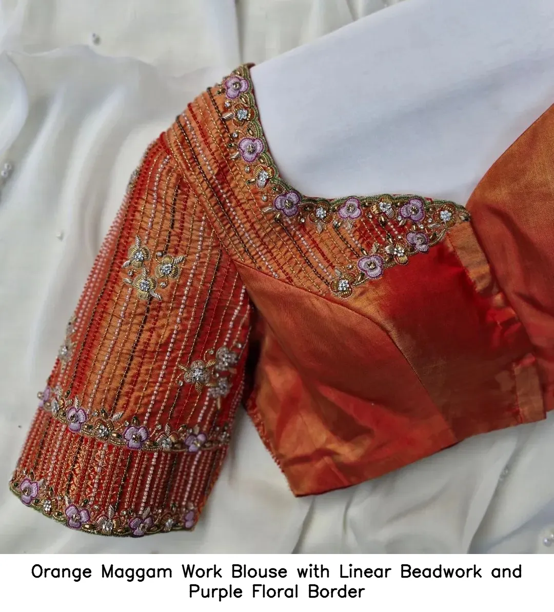 Orange Maggam Work Blouse with Linear Beadwork and Purple Floral Border