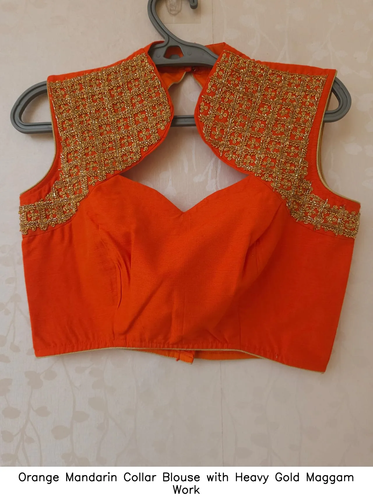 Orange Mandarin Collar Blouse with Heavy Gold Maggam Work