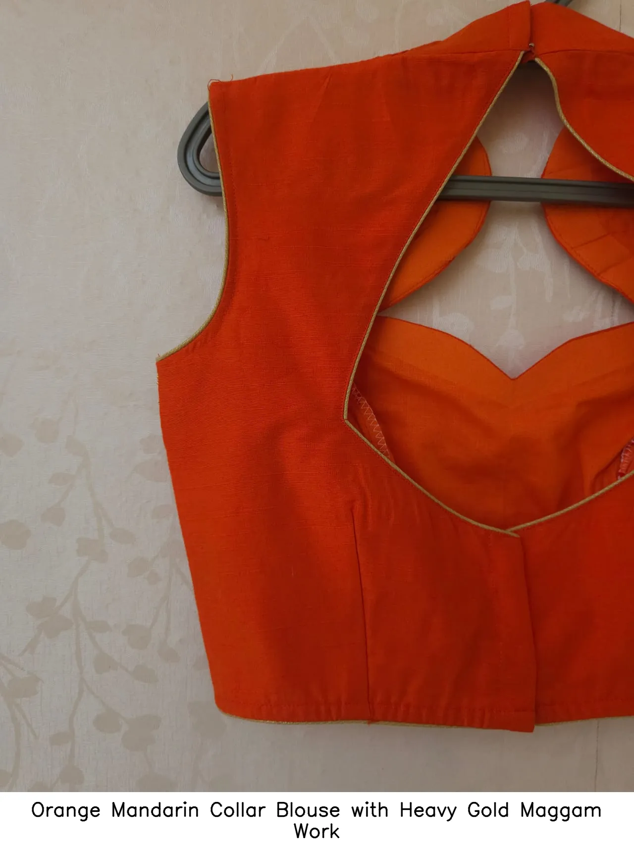 Orange Mandarin Collar Blouse with Heavy Gold Maggam Work