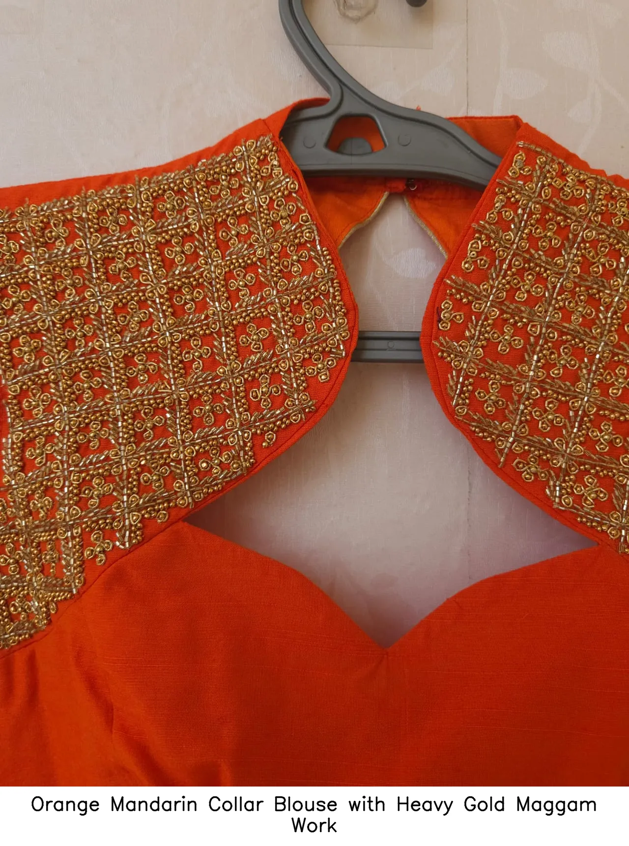 Orange Mandarin Collar Blouse with Heavy Gold Maggam Work