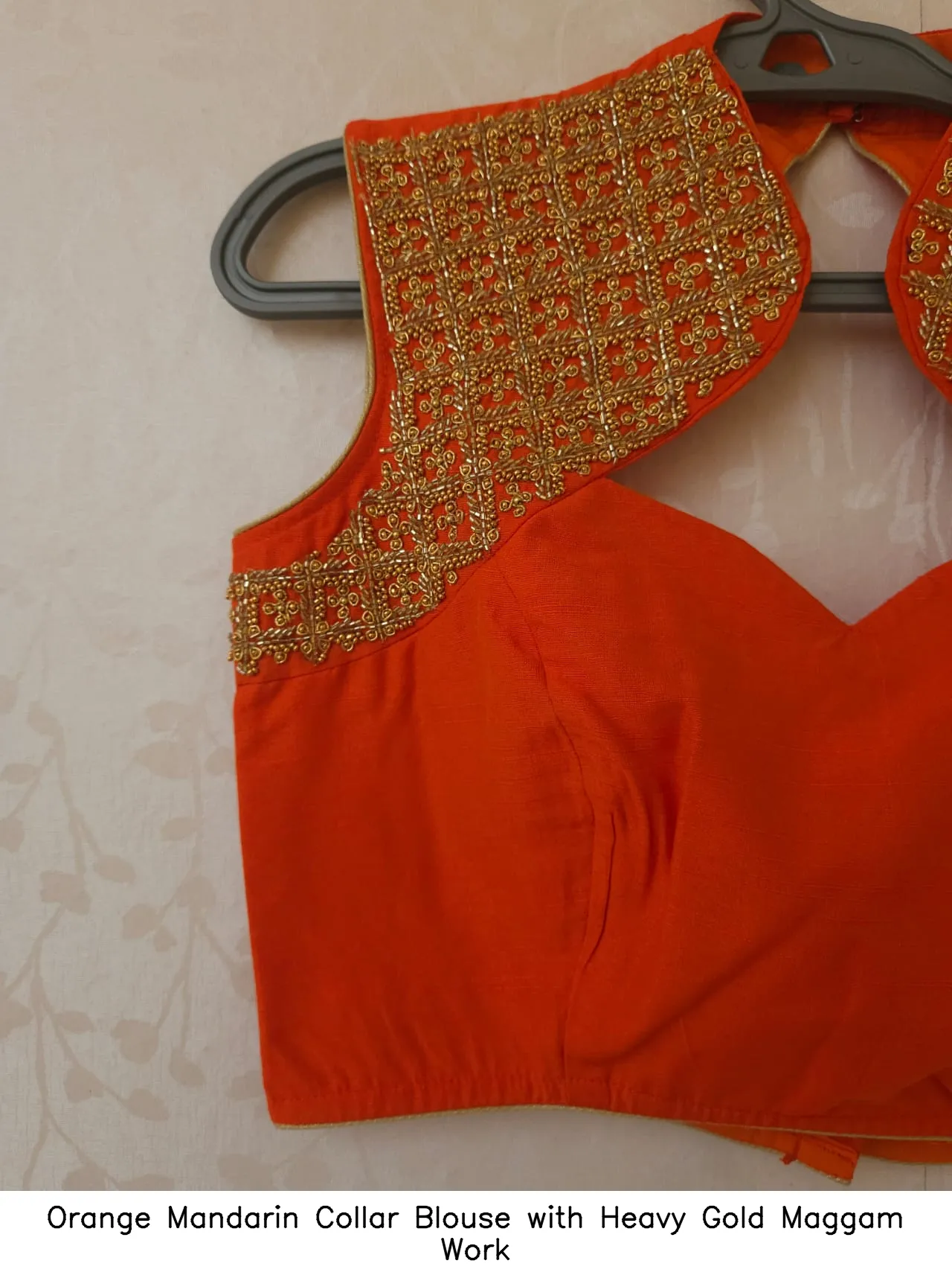 Orange Mandarin Collar Blouse with Heavy Gold Maggam Work