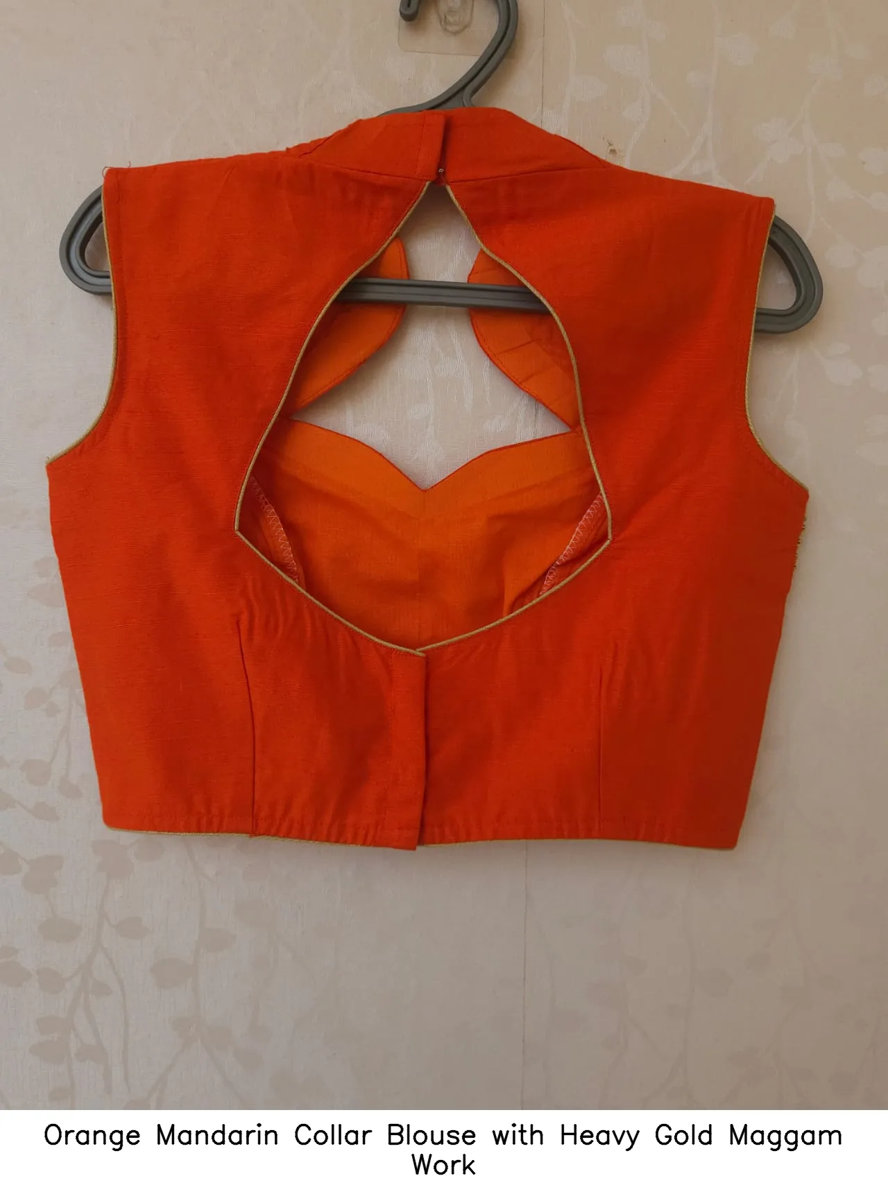 Orange Mandarin Collar Blouse with Heavy Gold Maggam Work