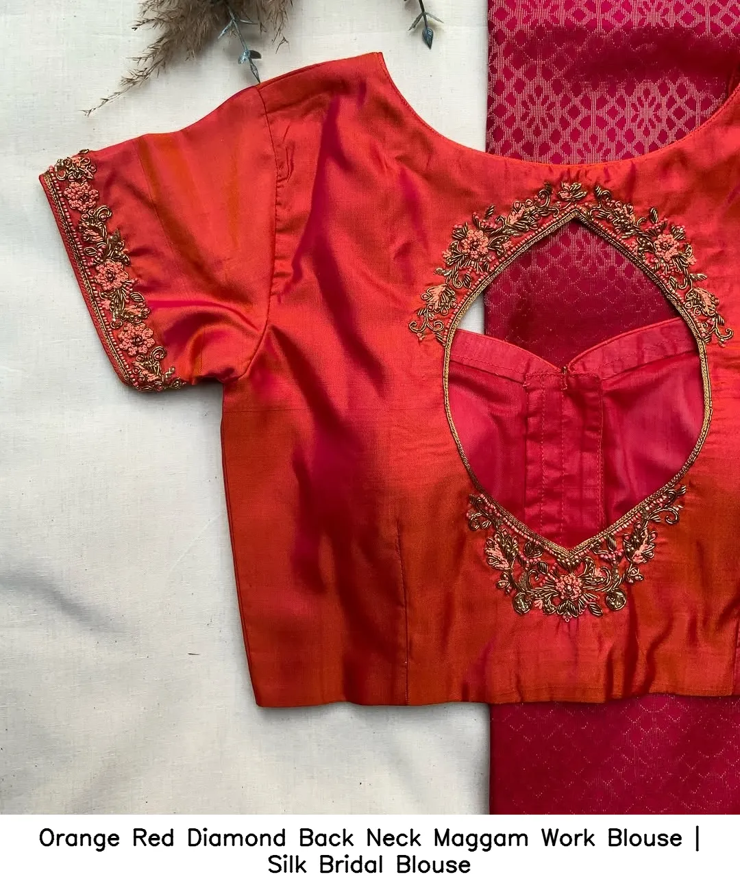 Orange Red Diamond Back Neck Maggam Work Blouse | Silk Bridal Blouse