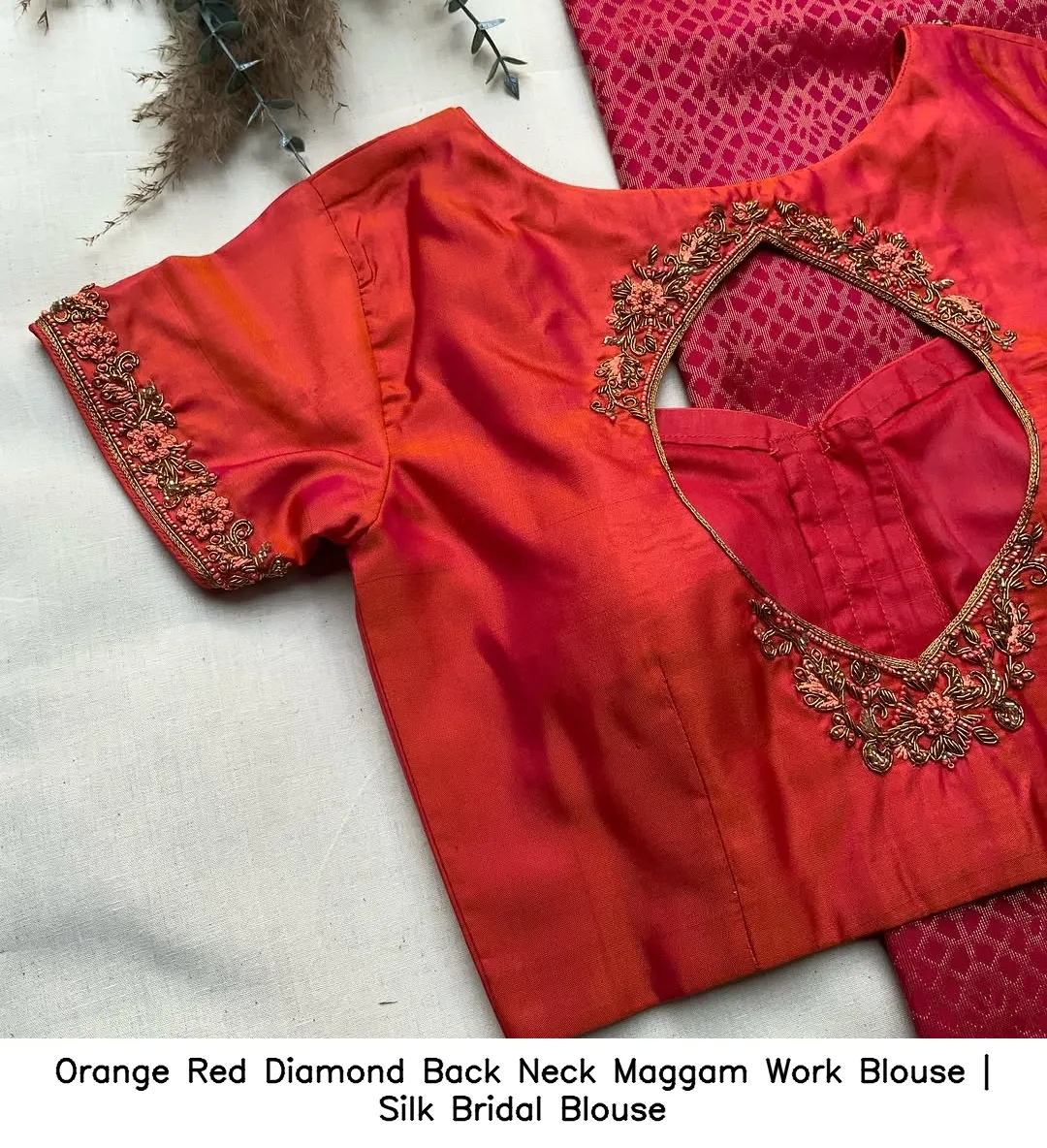 Orange Red Diamond Back Neck Maggam Work Blouse | Silk Bridal Blouse