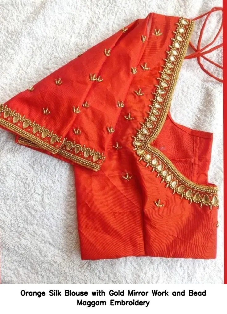 Orange Silk Blouse with Gold Mirror Work and Bead Maggam Embroidery