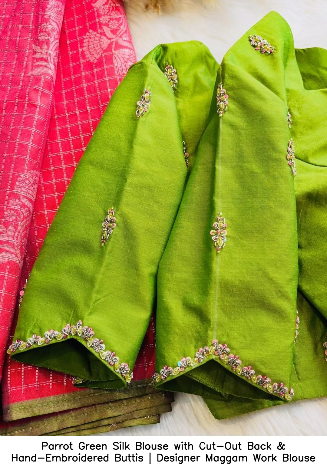 Parrot Green Silk Blouse with Cut-Out Back & Hand-Embroidered Buttis | Designer Maggam Work Blouse