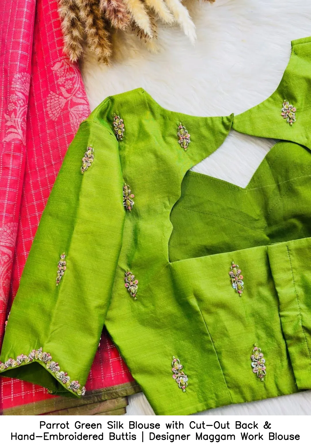 Parrot Green Silk Blouse with Cut-Out Back & Hand-Embroidered Buttis | Designer Maggam Work Blouse