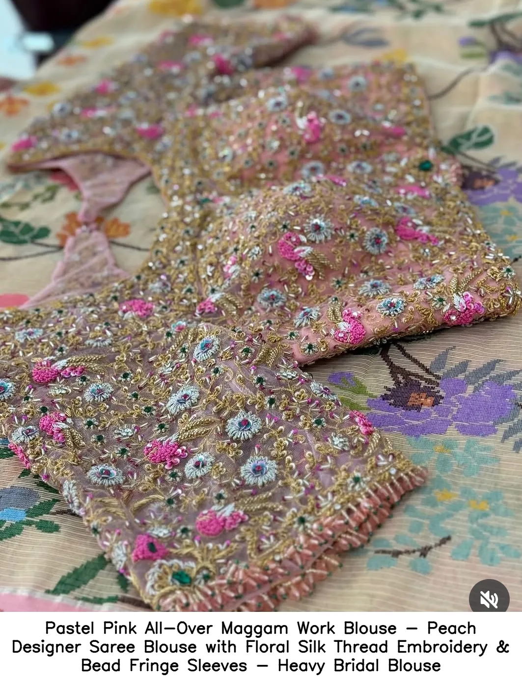 Pastel Pink All-Over Maggam Work Blouse - Peach Designer Saree Blouse with Floral Silk Thread Embroidery & Bead Fringe Sleeves - Heavy Bridal Blouse