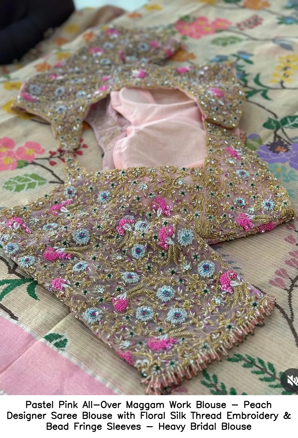 Pastel Pink All-Over Maggam Work Blouse - Peach Designer Saree Blouse with Floral Silk Thread Embroidery & Bead Fringe Sleeves - Heavy Bridal Blouse