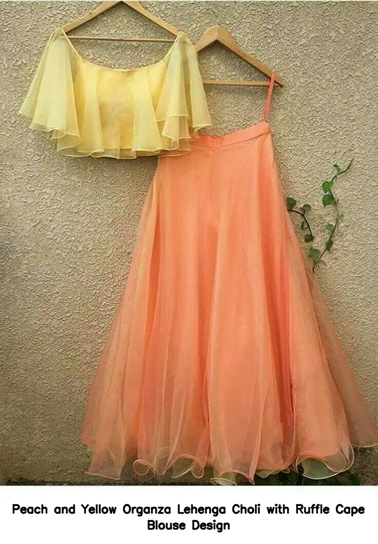 Peach and Yellow Organza Lehenga Choli with Ruffle Cape Blouse Design