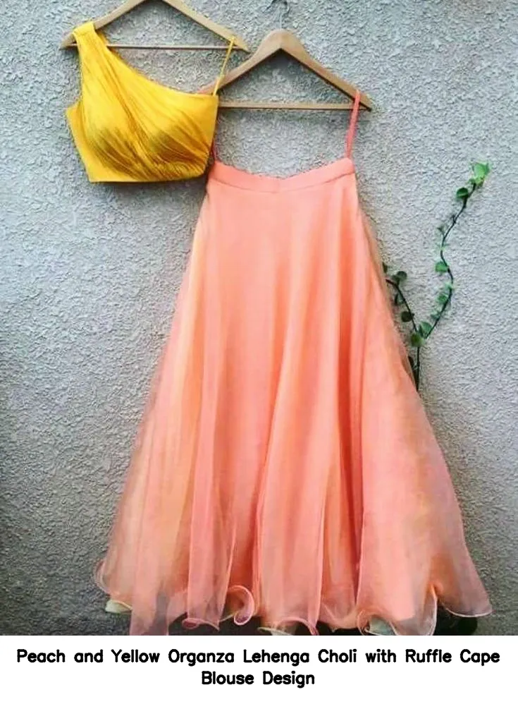 Peach and Yellow Organza Lehenga Choli with Ruffle Cape Blouse Design