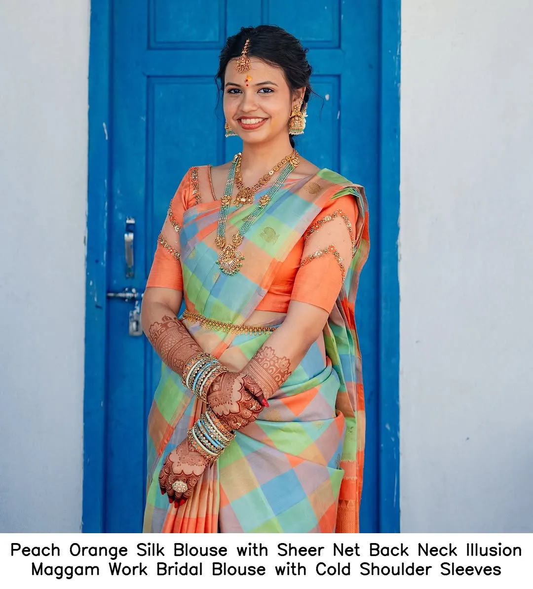 Peach Orange Silk Blouse with Sheer Net Back Neck – Illusion Maggam Work Bridal Blouse with Cold Shoulder Sleeves