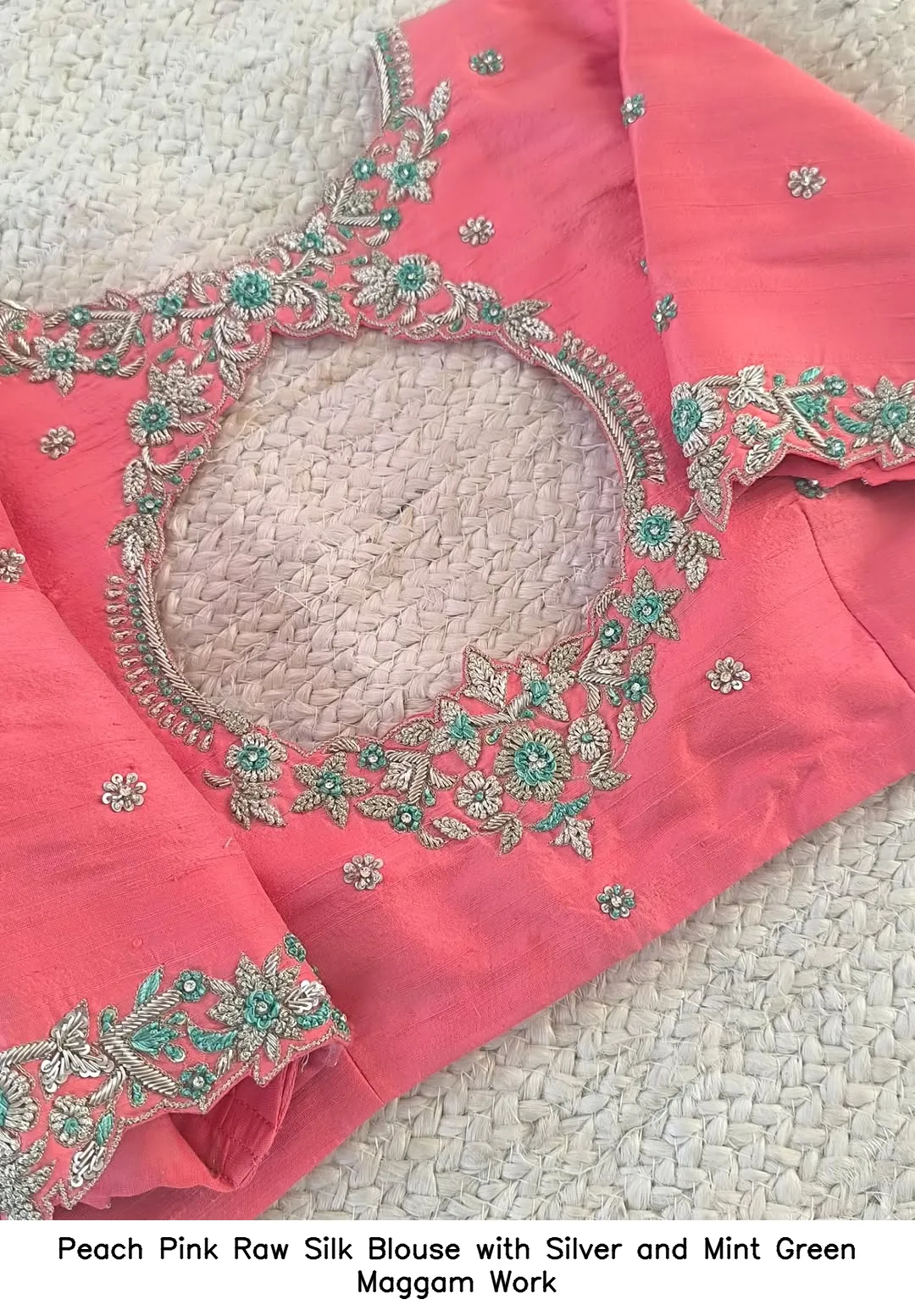 Peach Pink Raw Silk Blouse with Silver and Mint Green Maggam Work