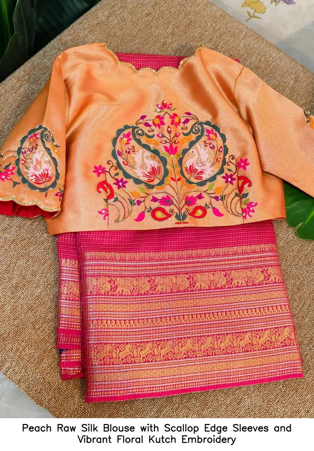 Peach Raw Silk Blouse with Scallop Edge Sleeves and Vibrant Floral Kutch Embroidery