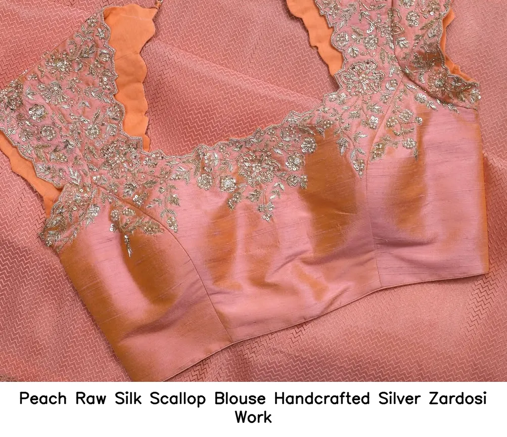 Peach Raw Silk Scallop Blouse – Handcrafted Silver Zardosi Work