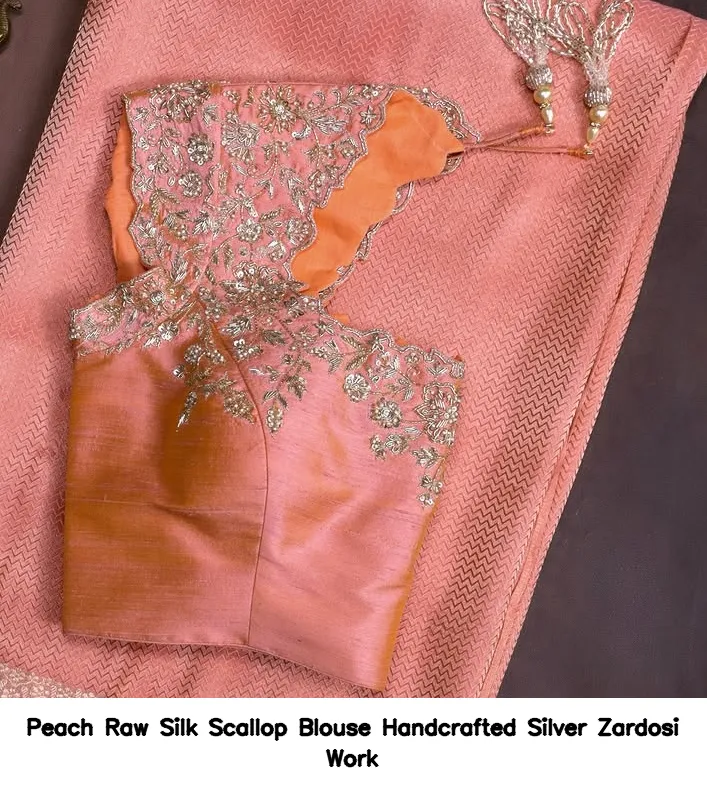 Peach Raw Silk Scallop Blouse – Handcrafted Silver Zardosi Work