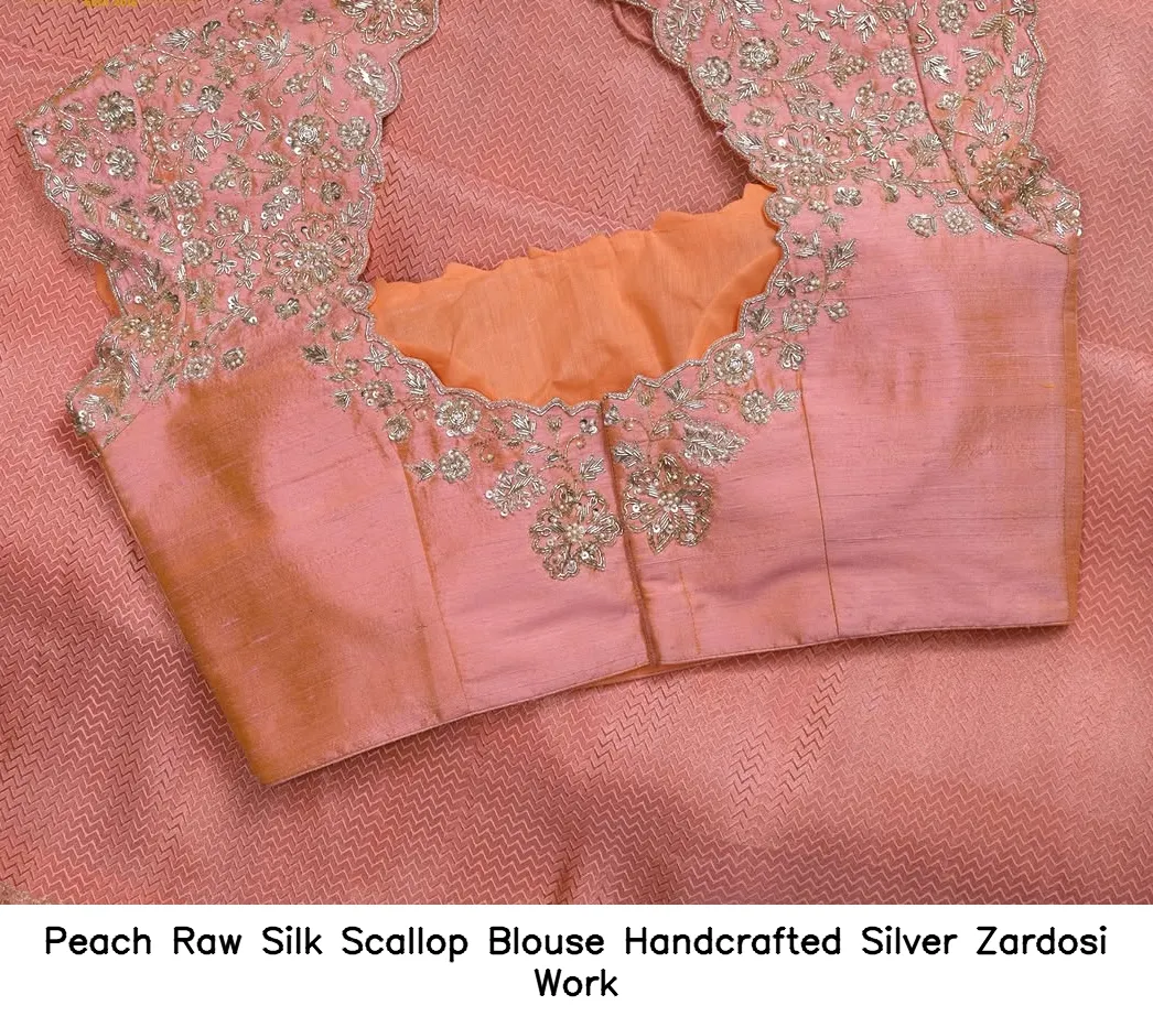 Peach Raw Silk Scallop Blouse – Handcrafted Silver Zardosi Work