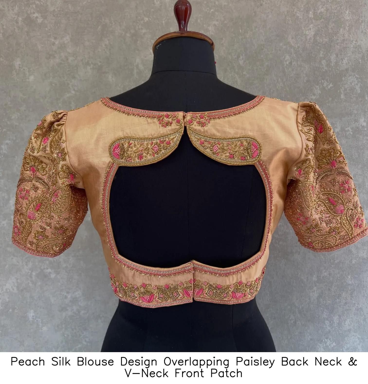 Peach Silk Blouse Design – Overlapping Paisley Back Neck & V-Neck Front Patch