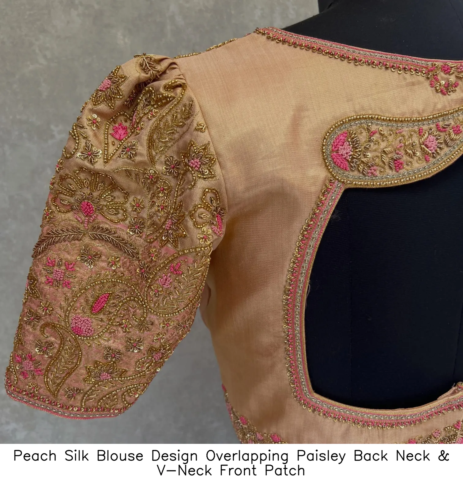 Peach Silk Blouse Design – Overlapping Paisley Back Neck & V-Neck Front Patch