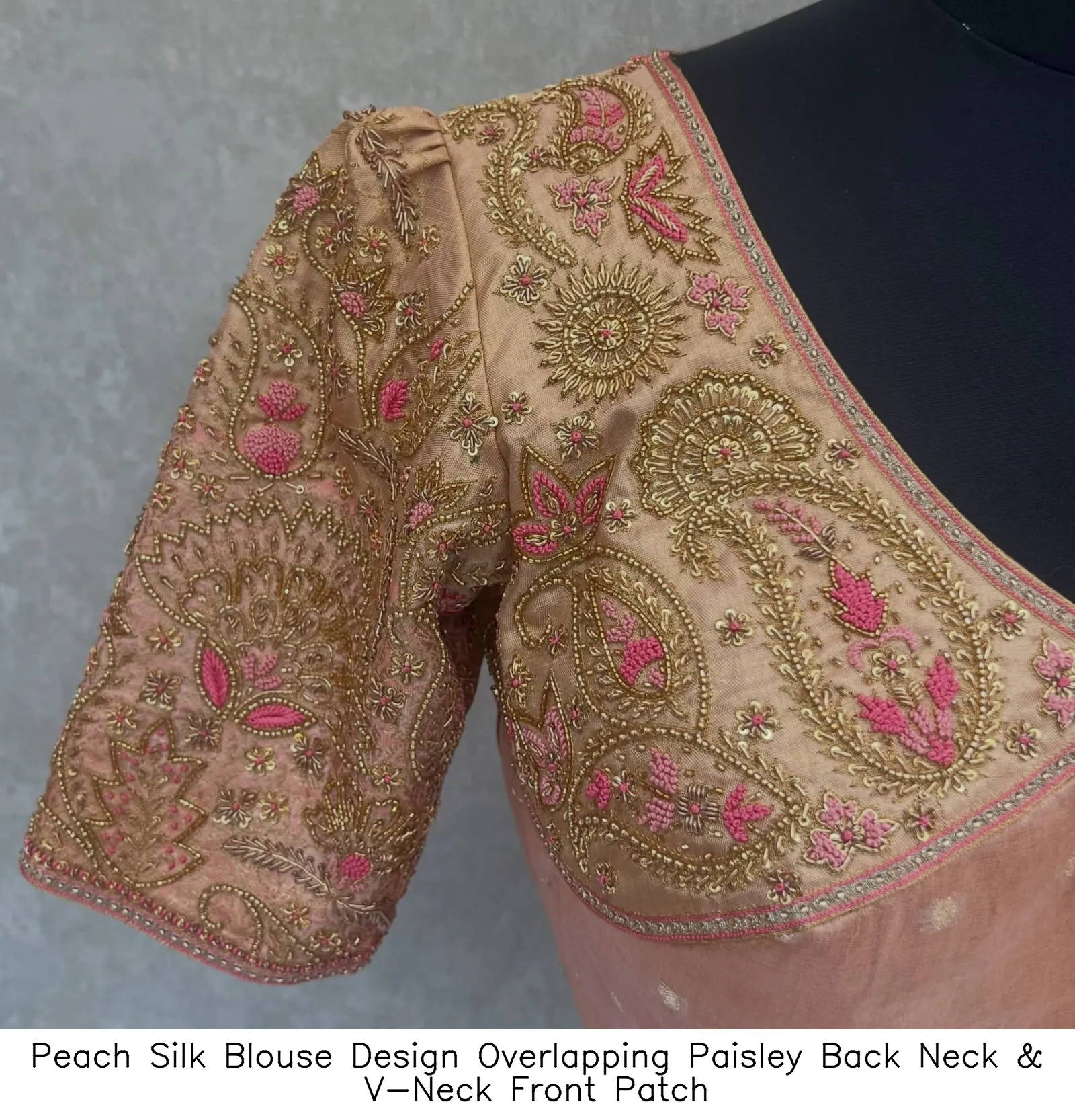Peach Silk Blouse Design – Overlapping Paisley Back Neck & V-Neck Front Patch