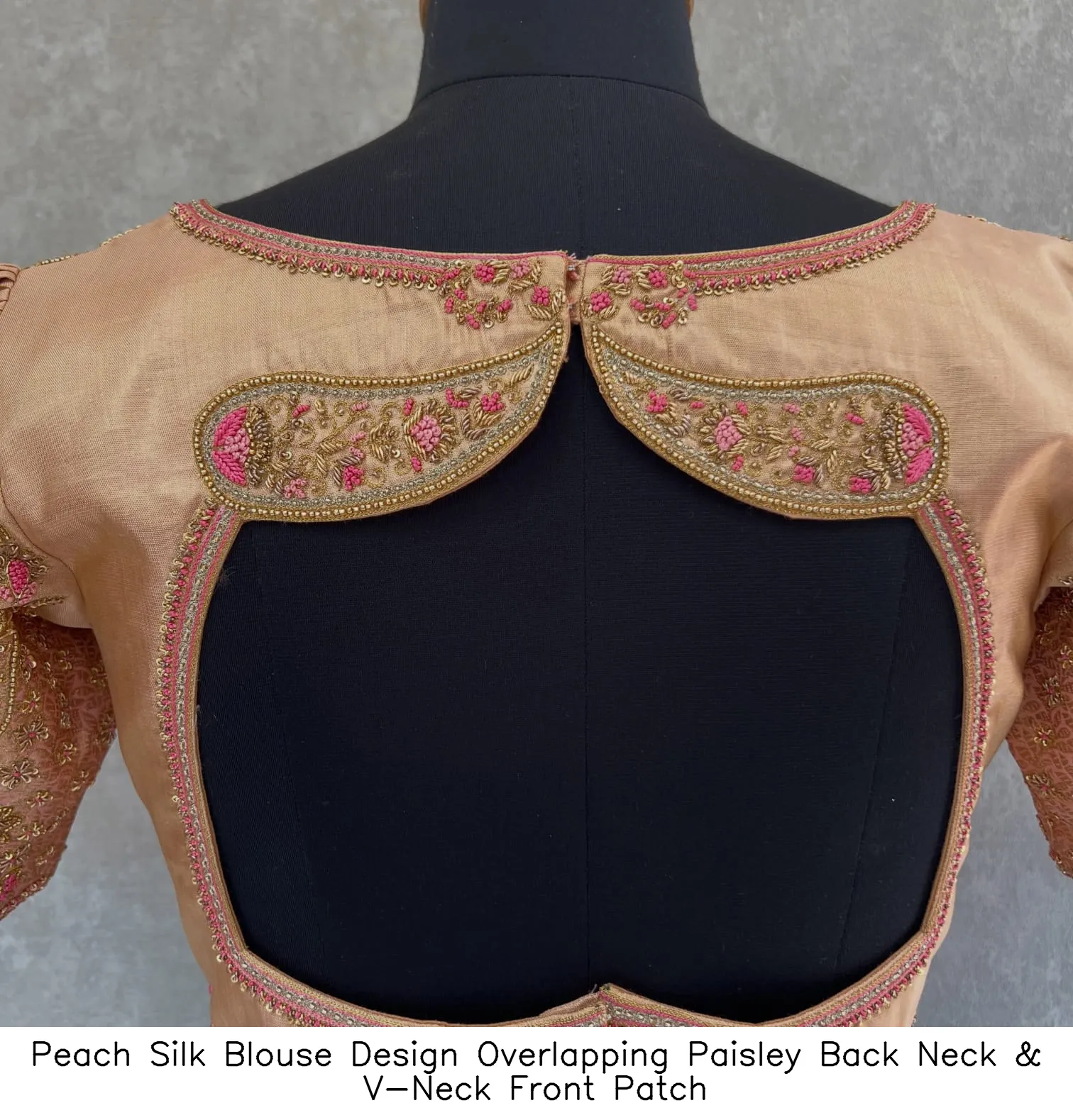 Peach Silk Blouse Design – Overlapping Paisley Back Neck & V-Neck Front Patch