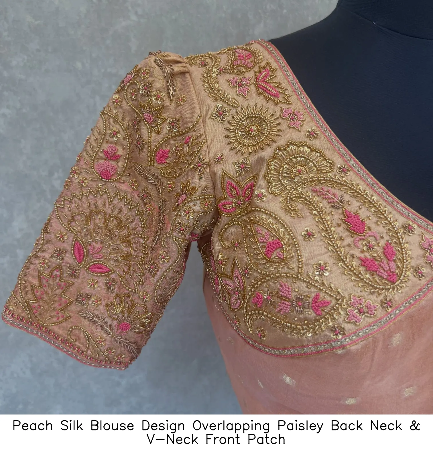 Peach Silk Blouse Design – Overlapping Paisley Back Neck & V-Neck Front Patch