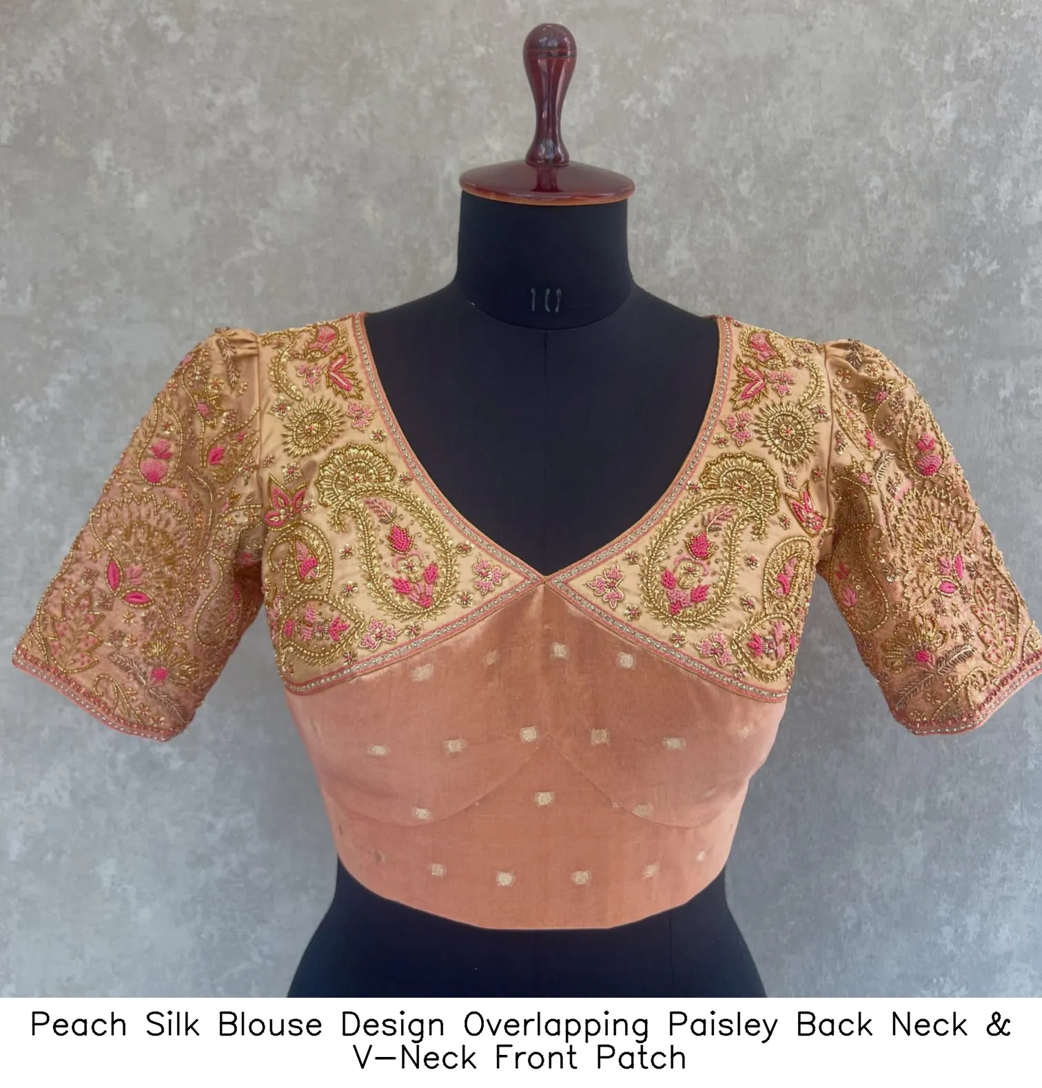 Peach Silk Blouse Design – Overlapping Paisley Back Neck & V-Neck Front Patch