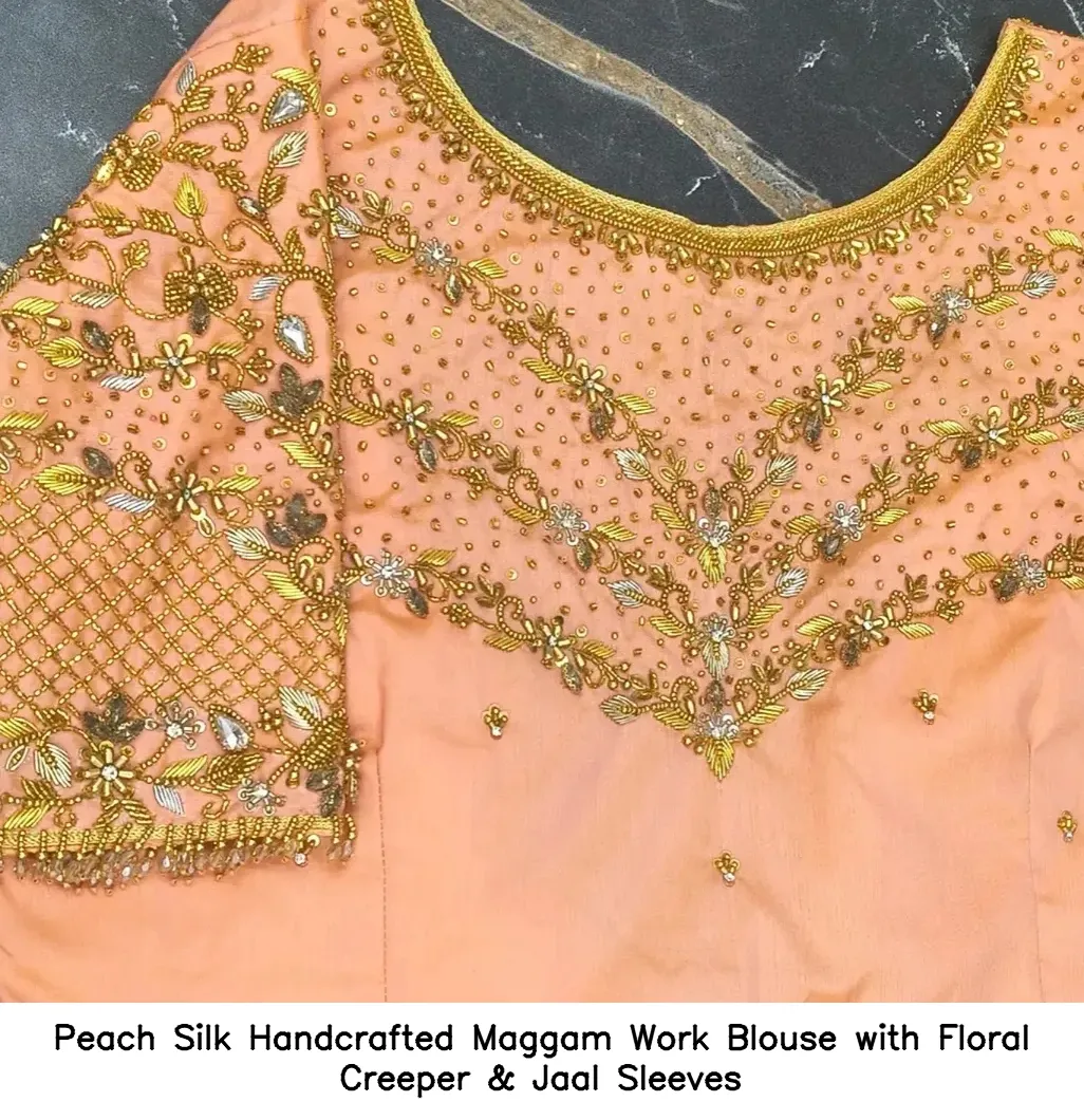 Peach Silk Handcrafted Maggam Work Blouse with Floral Creeper & Jaal Sleeves