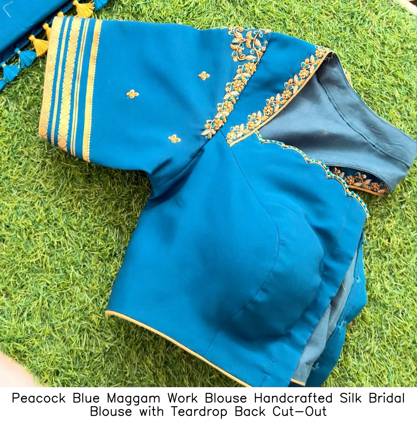 Peacock Blue Maggam Work Blouse – Handcrafted Silk Bridal Blouse with Teardrop Back Cut-Out