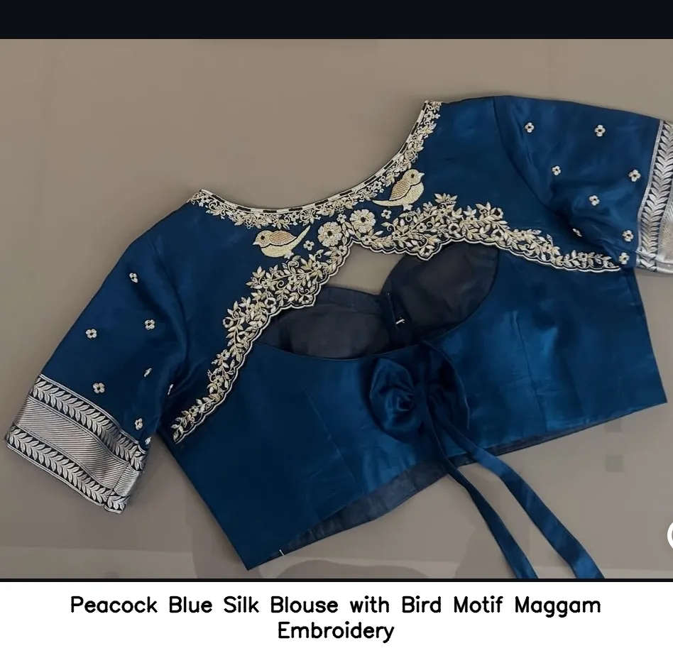 Peacock Blue Silk Blouse with Bird Motif Maggam Embroidery