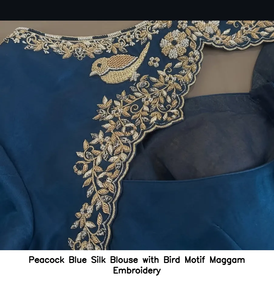 Peacock Blue Silk Blouse with Bird Motif Maggam Embroidery
