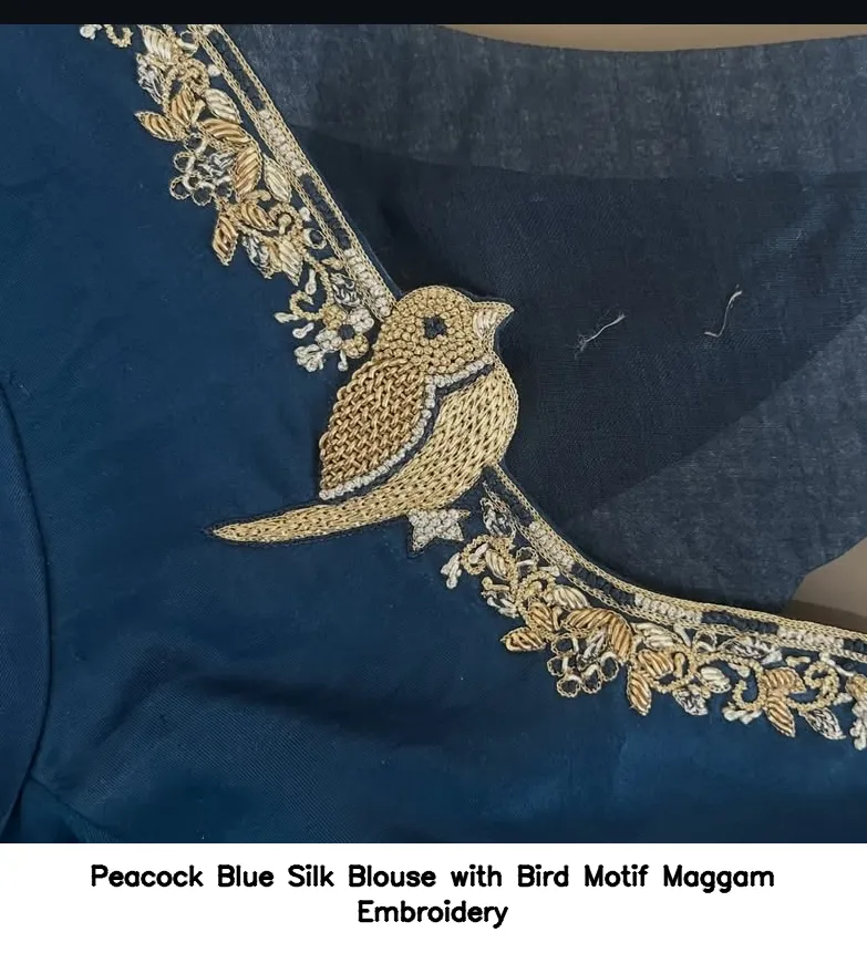 Peacock Blue Silk Blouse with Bird Motif Maggam Embroidery