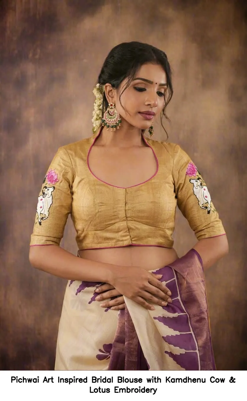 Pichwai Art Inspired Bridal Blouse with Kamdhenu Cow & Lotus Embroidery