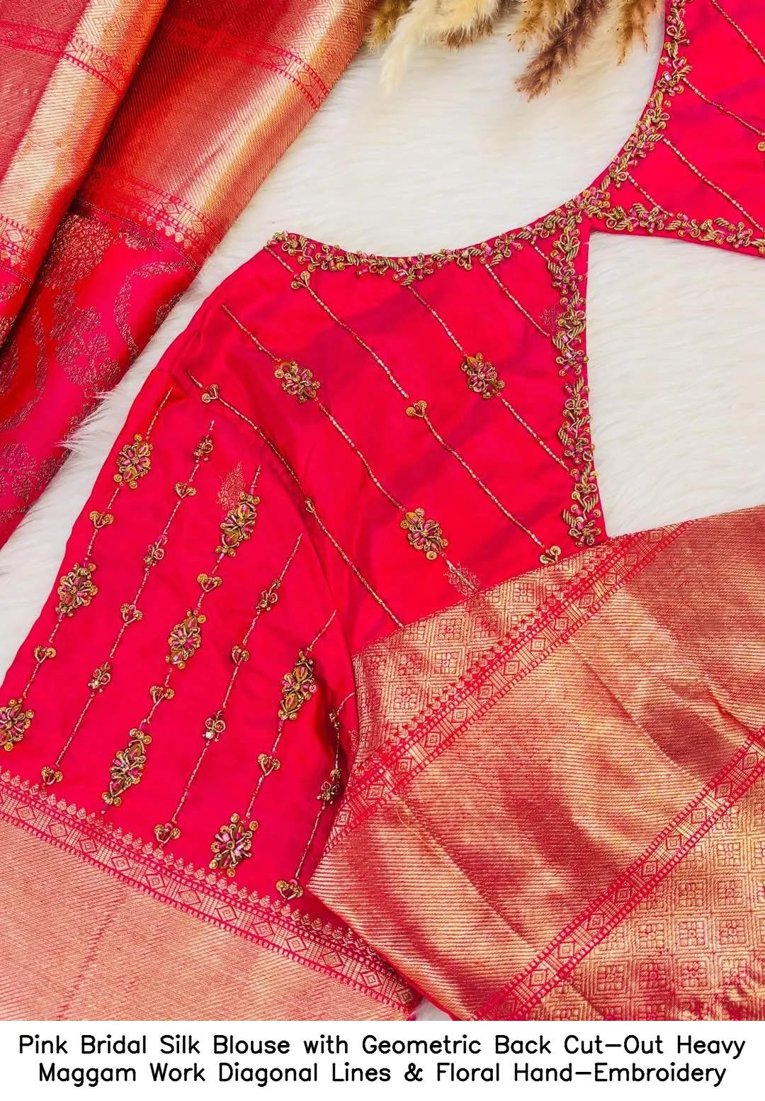 Pink Bridal Silk Blouse with Geometric Back Cut-Out – Heavy Maggam Work Diagonal Lines & Floral Hand-Embroidery