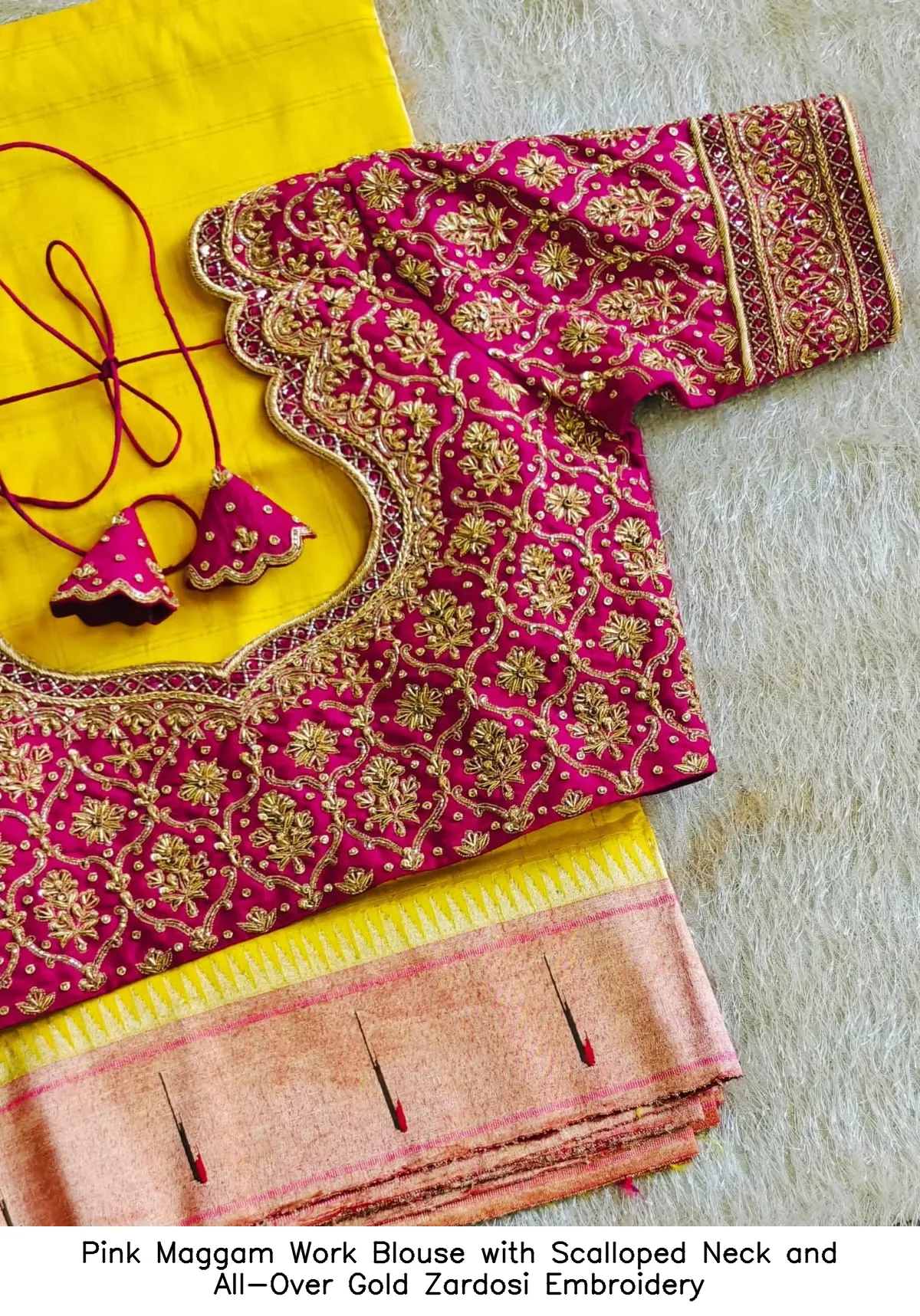 Pink Maggam Work Blouse with Scalloped Neck and All-Over Gold Zardosi Embroidery