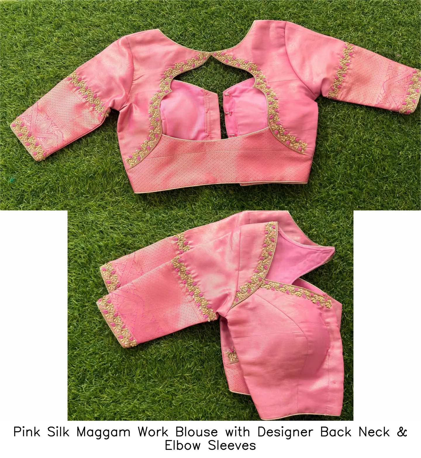 Pink Silk Maggam Work Blouse with Designer Back Neck & Elbow Sleeves