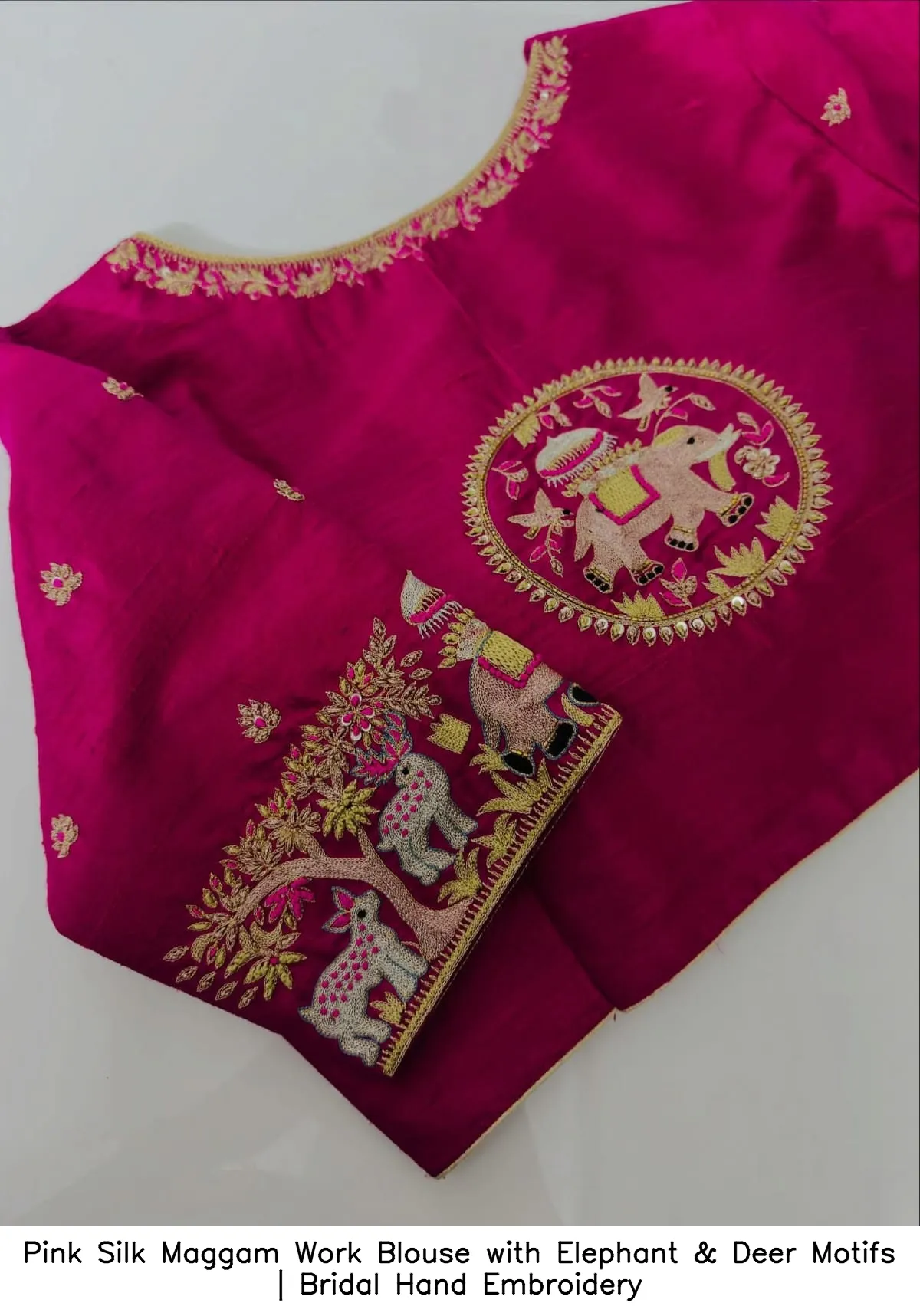 Pink Silk Maggam Work Blouse with Elephant & Deer Motifs | Bridal Hand Embroidery