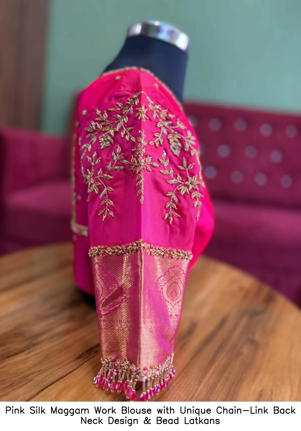 Pink Silk Maggam Work Blouse with Unique Chain-Link Back Neck Design & Bead Latkans