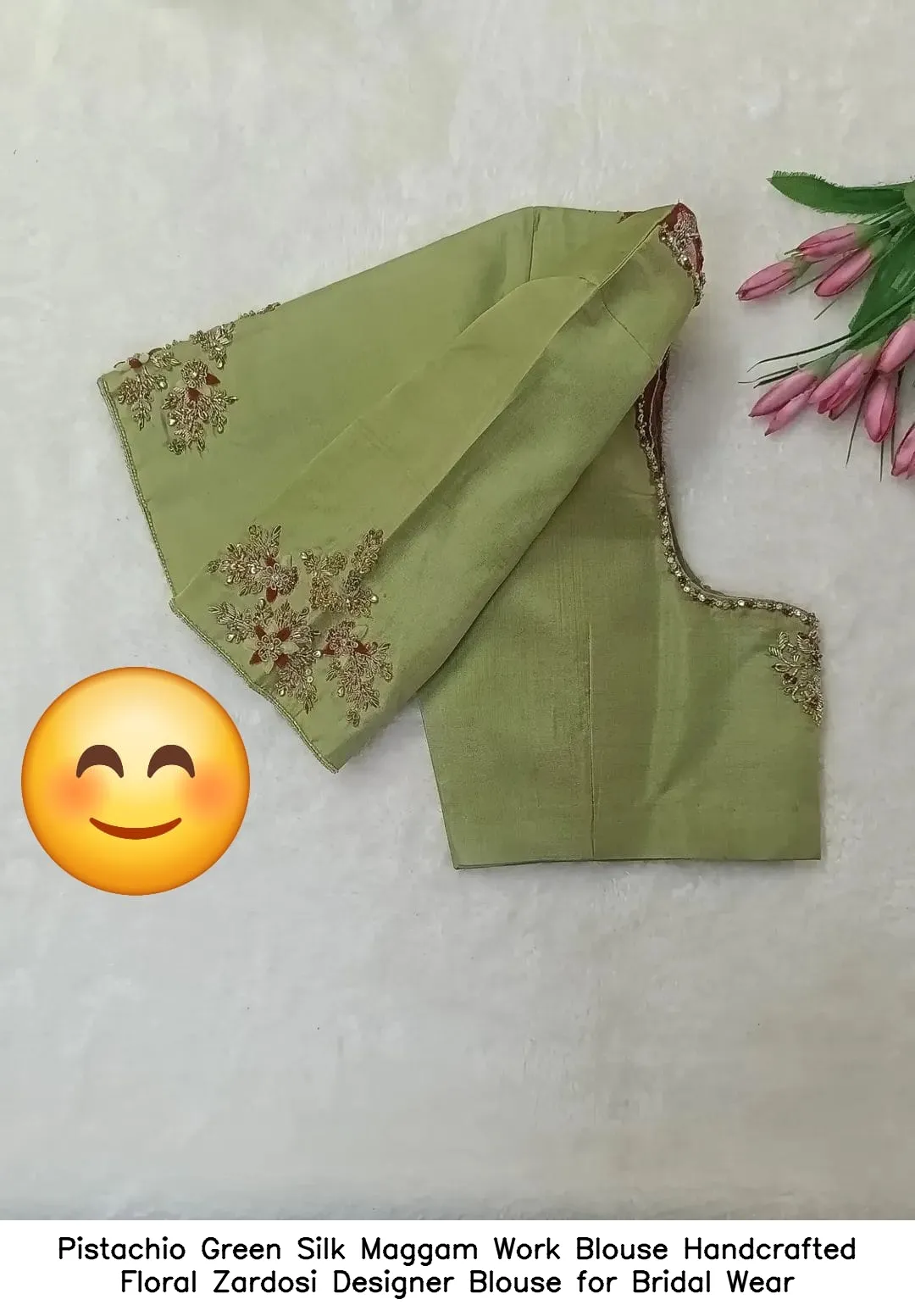 Pistachio Green Silk Maggam Work Blouse – Handcrafted Floral Zardosi Designer Blouse for Bridal Wear