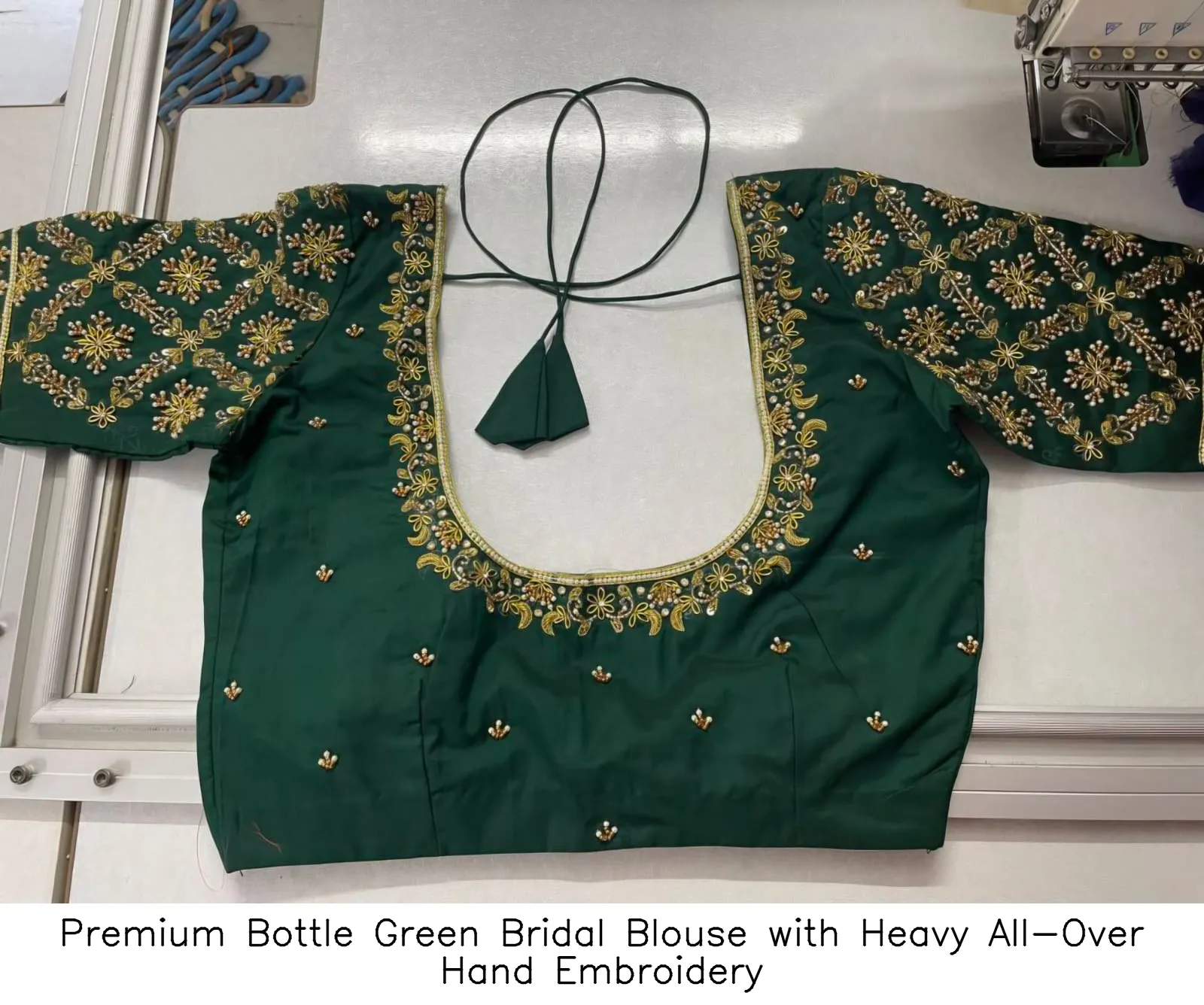 Premium Bottle Green Bridal Blouse with Heavy All-Over Hand Embroidery