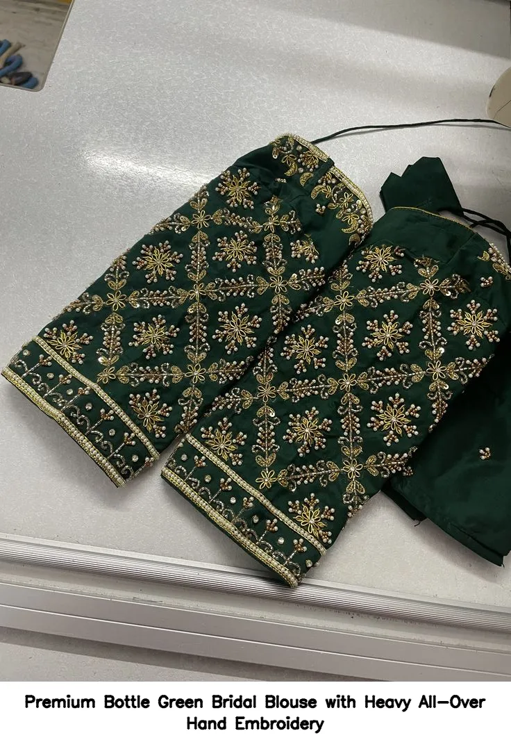 Premium Bottle Green Bridal Blouse with Heavy All-Over Hand Embroidery