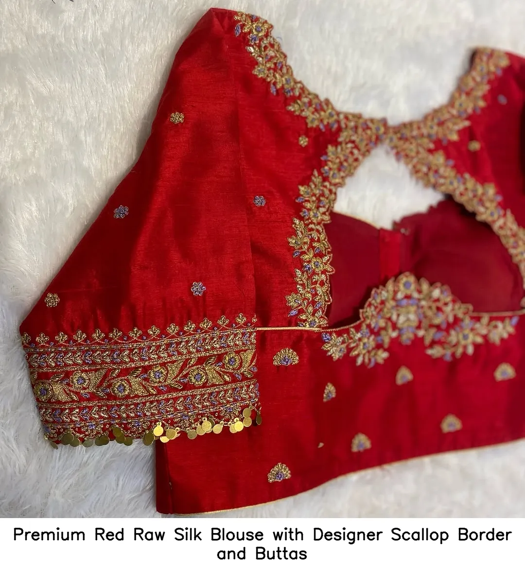 Premium Red Raw Silk Blouse with Designer Scallop Border and Buttas