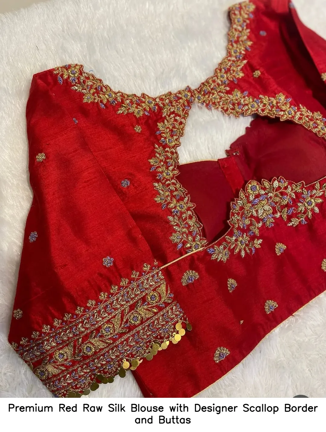 Premium Red Raw Silk Blouse with Designer Scallop Border and Buttas