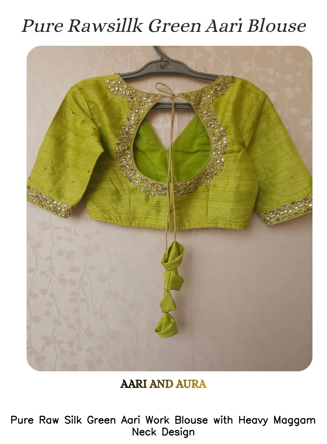 Pure Raw Silk Green Aari Work Blouse with Heavy Maggam Neck Design