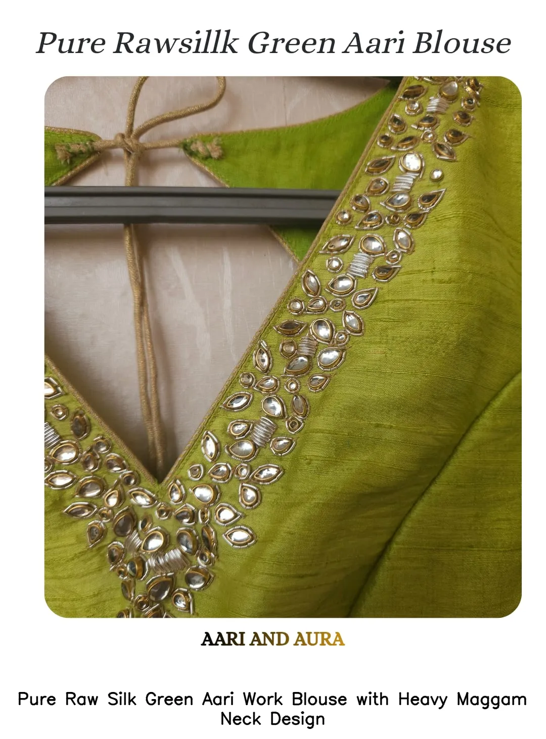 Pure Raw Silk Green Aari Work Blouse with Heavy Maggam Neck Design