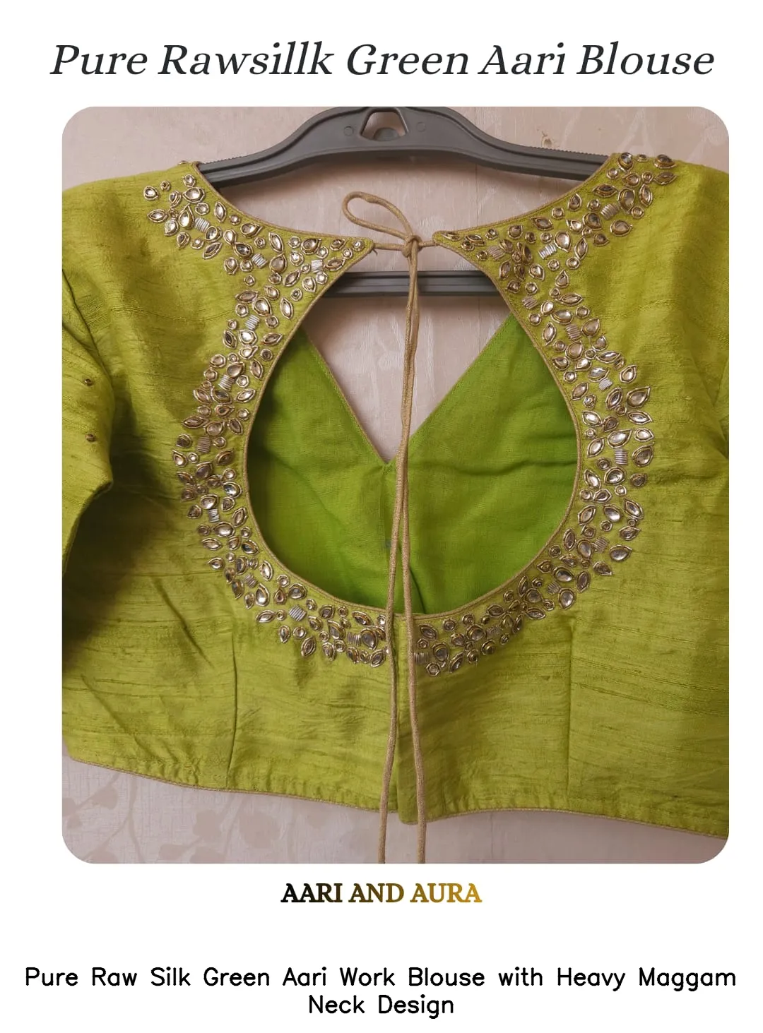 Pure Raw Silk Green Aari Work Blouse with Heavy Maggam Neck Design