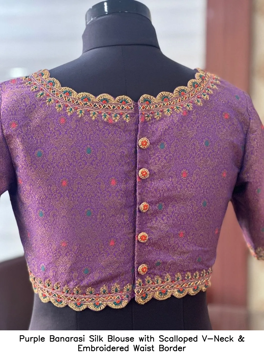 Purple Banarasi Silk Blouse with Scalloped V-Neck & Embroidered Waist Border