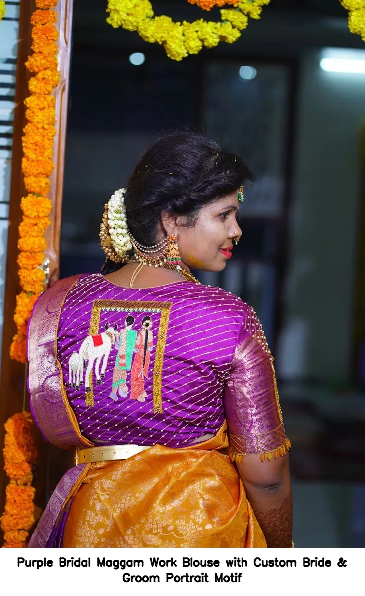 Purple Bridal Maggam Work Blouse with Custom Bride & Groom Portrait Motif