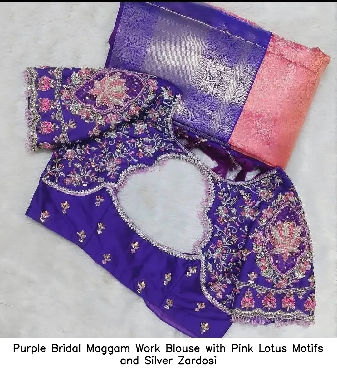 Purple Bridal Maggam Work Blouse with Pink Lotus Motifs and Silver Zardosi