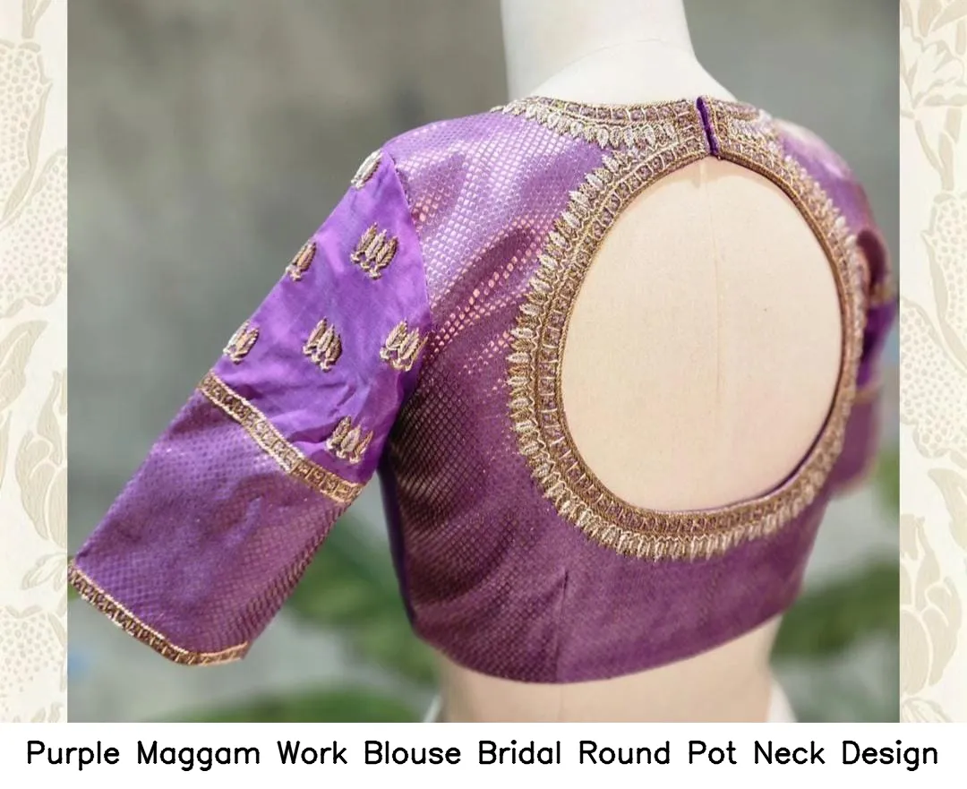 Purple Maggam Work Blouse Bridal Round Pot Neck Design